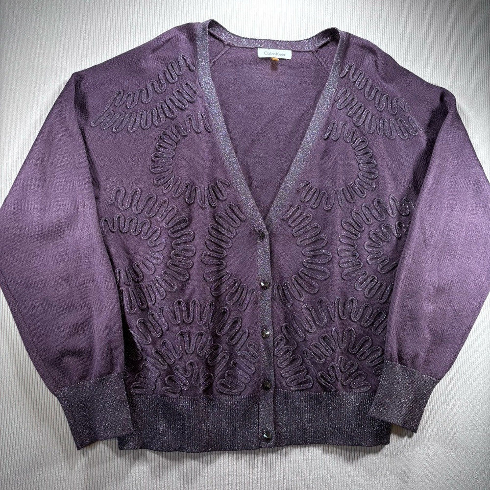 Calvin Klein Deep Purple and Silver Wool Blend Cardigan with ruffled design
